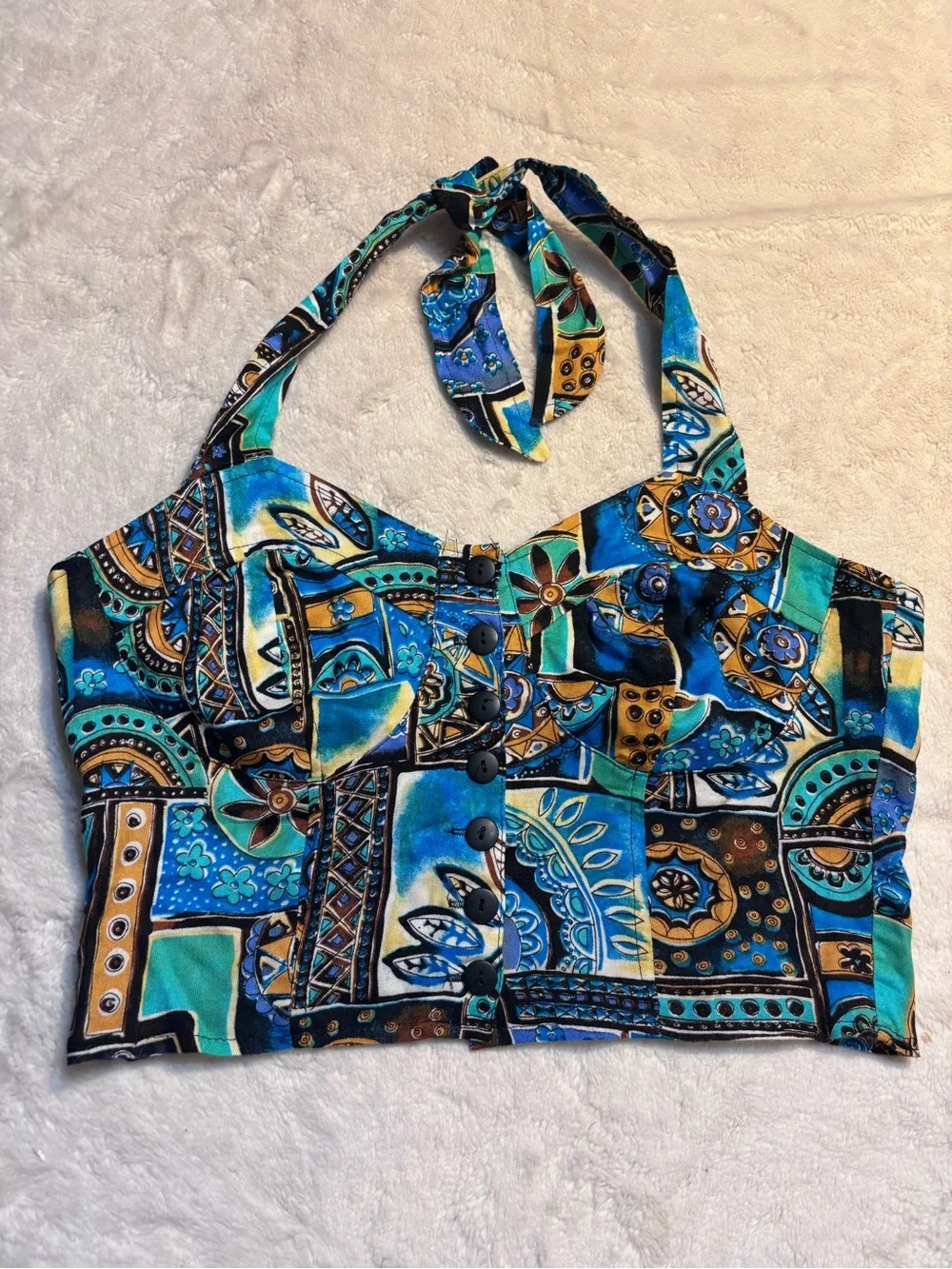 Y2K Halter Crop Top Small WONDER Blue Yellow Patchwork with Button Front - Picture 8 of 14